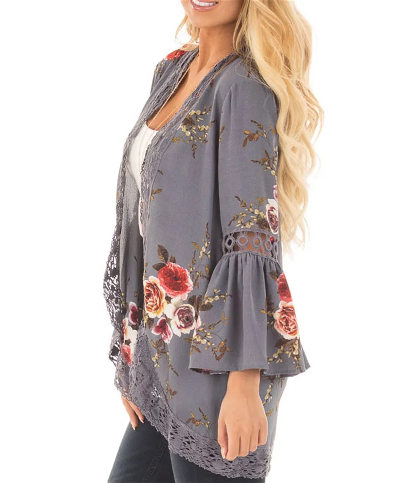 Gladiolus 2019 Spring Womens Tops And Blouses Loose Floral Print Flare Sleeve Lace Women Kimono Cardigan Summer Shirts Plus Size (69)