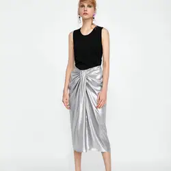 Новый для женщин специальные серебристого металла Bling юбка дикий повседневное длинные модные складчатая юбка женская одежда