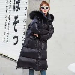 2019 зимний женский пуховик модный большой меховой воротник с капюшоном Теплый черный пуховик Женская длинная парка пальто повседневное