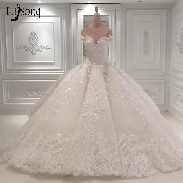 Luxury Dubai Lace Wedding Dresses Sparkle Beaded Crystal Lace