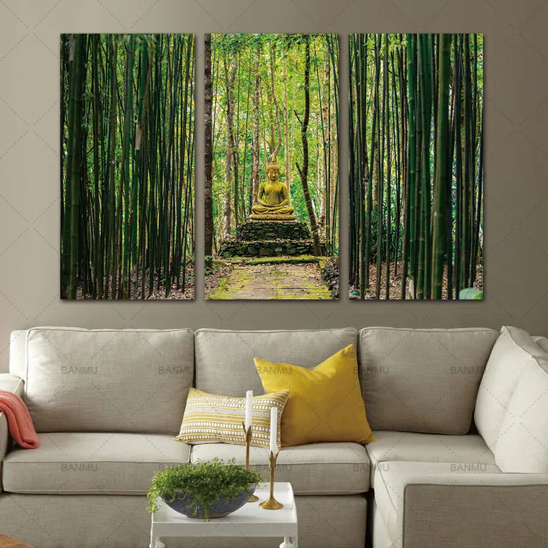 

Modern Canvas Painting Wall Art Pictures 3 Panels Framed Artwork Paintings Buddha Green Bamboo Stones Zen Prints and Posters