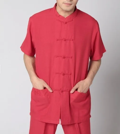 Высокое качество бежевый Китайский Мужской костюм Тан льняной Кунг-Фу рубашка Топ Wu Shu блуза Размер S M L XL XXL XXXL MS003 - Цвет: Red