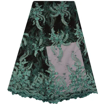 

Green Lace Fabric French Net Lace Latest Beads Fabric High Quality African Tulle Lace Wholesale 1307