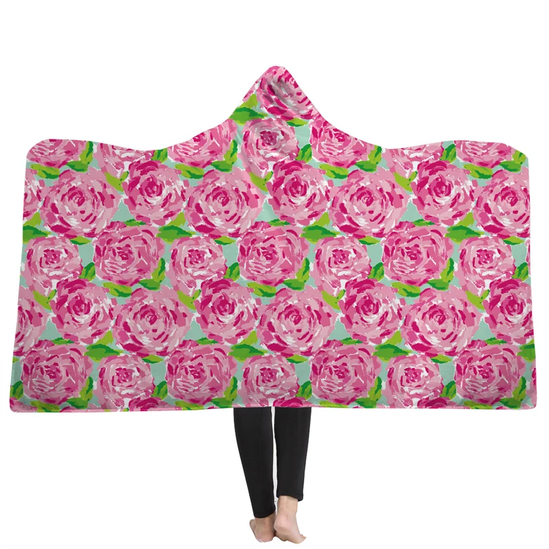 

Flower Hooded Blanket for Woman 3D Printed Floral Sherpa Soft Fleece Wearable Kids Throw Blanket Microfiber Family Bedding