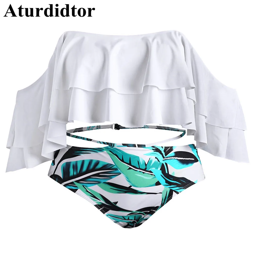 

Plus Size Bikini Off The Shoulder Leaf Print Strapless Ruffle Crop Top Strap Waist Two Piece Set Swimsuit Bathing Suit Beachwear