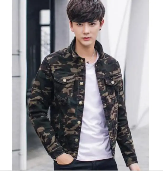 Camo Men Uniform Bomber Jacket Slim Fit Denim Jean Fashion Short Casual