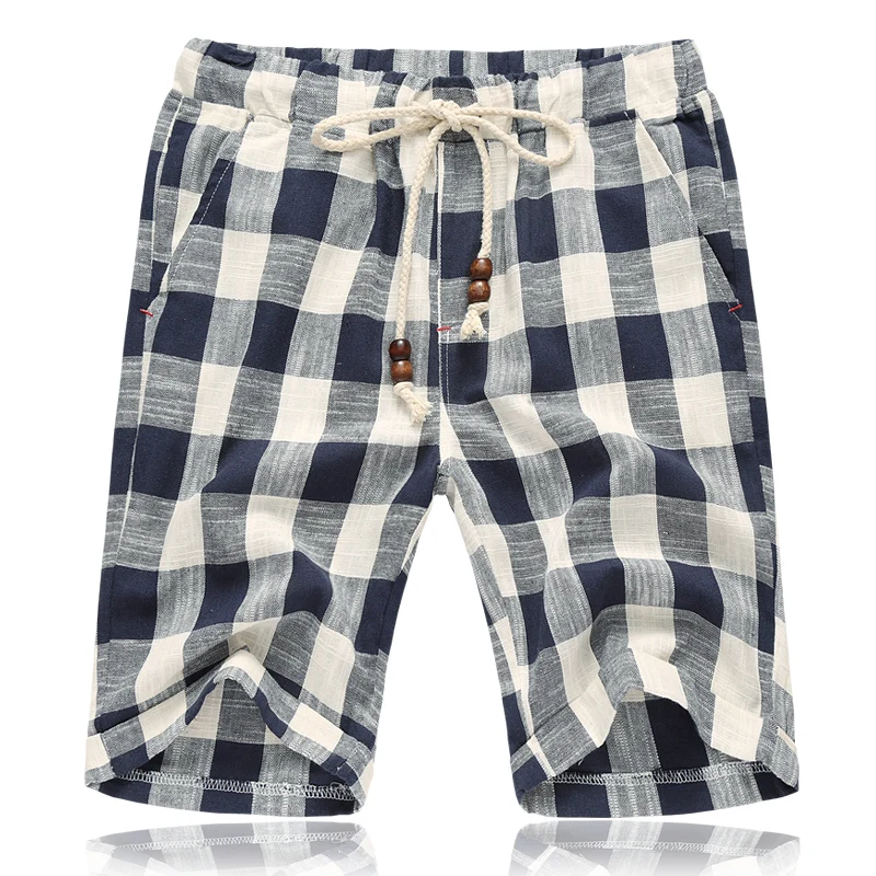 

New Fashion Mens Linen Shorts 2017 Summer style Brand Men Plaid cotton shorts Casual Beach Shorts Men balck and blue