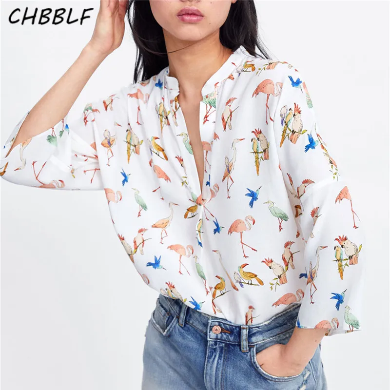 

CHBBLF women print blouse bird pattern three quarter sleeve side split female casual shirts white tops blusas C9680