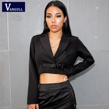 

Vangull Black Short coats Women Casual Long Sleeve Ladies jackets Patchwork Buckle Crop Female Jacket High Street Coats Autumn