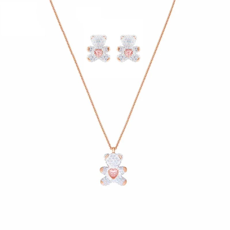 

High Quality 1:1 SWAN Original Lively Cute Children's Fun Teddy Female Earrings Necklace Set 5452026 5447445 Gift for Women
