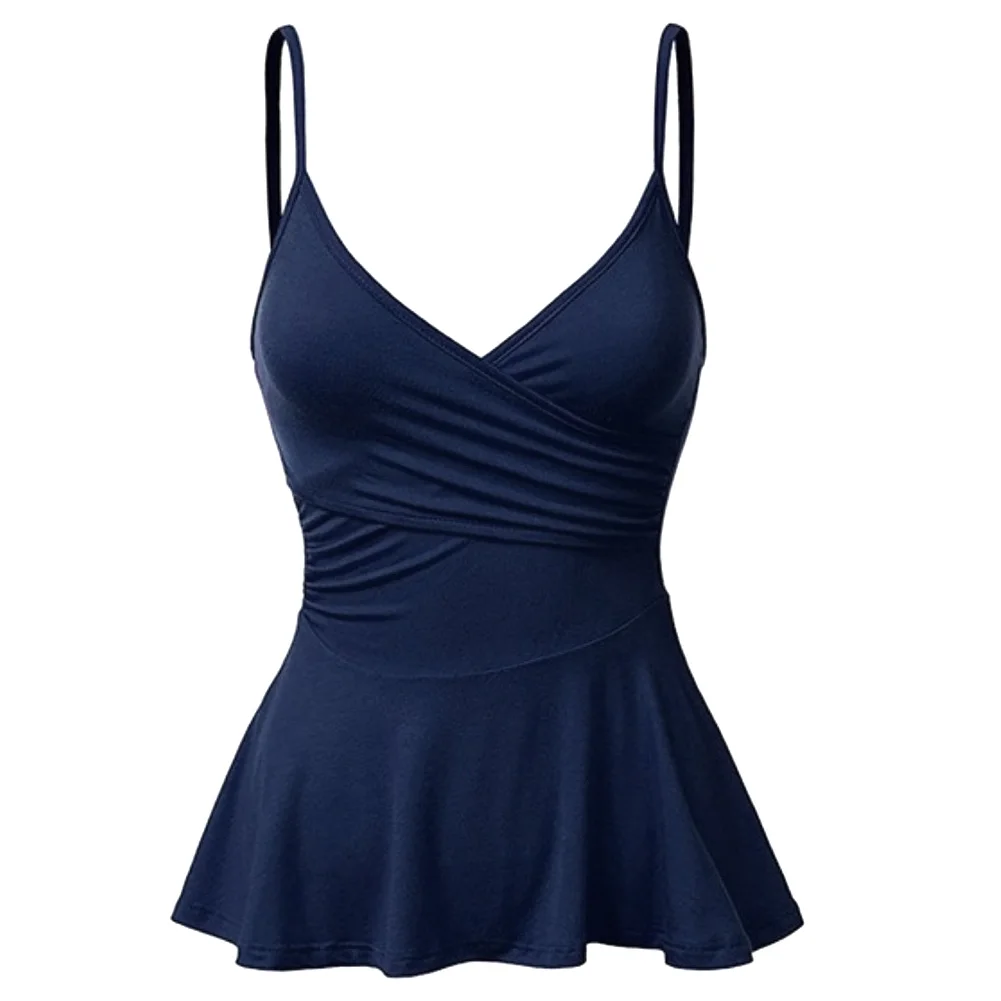 

Sexy Polyester Daily Pleated Front Wrap Flared Fashion Tank Top Spaghetti Strap Solid Summer Chic Deep V Neck