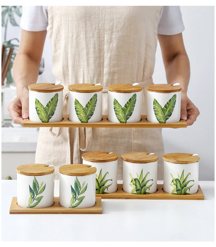 

Green Leaves Sugar Bowl Home Kitchen Ceramica Salt Condiment Seasoning Pot Jars With Spoons