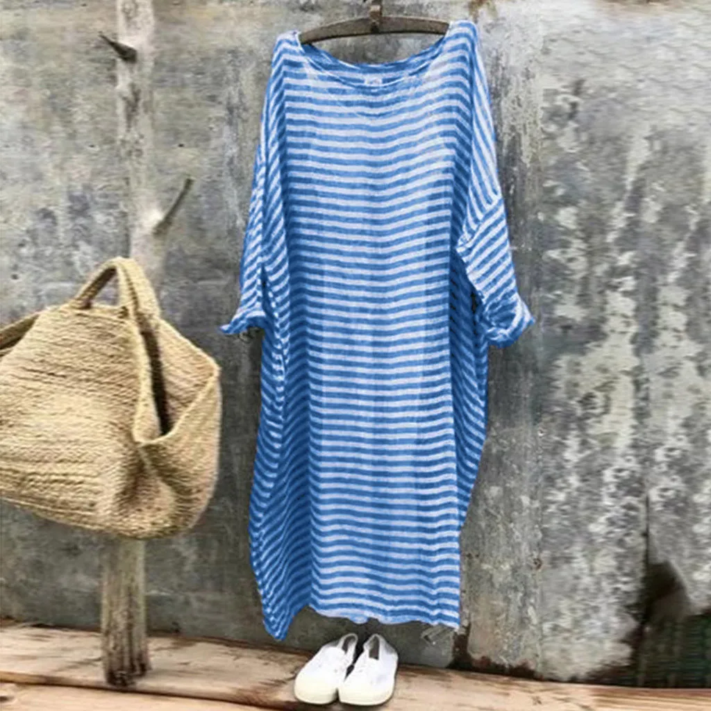 

Vintage Women Summer Dress Holiday Casual Loose O-Neck Batwing Sleeve Stripe Print Cotton Linen Maxi Dress vestidos verano 2019
