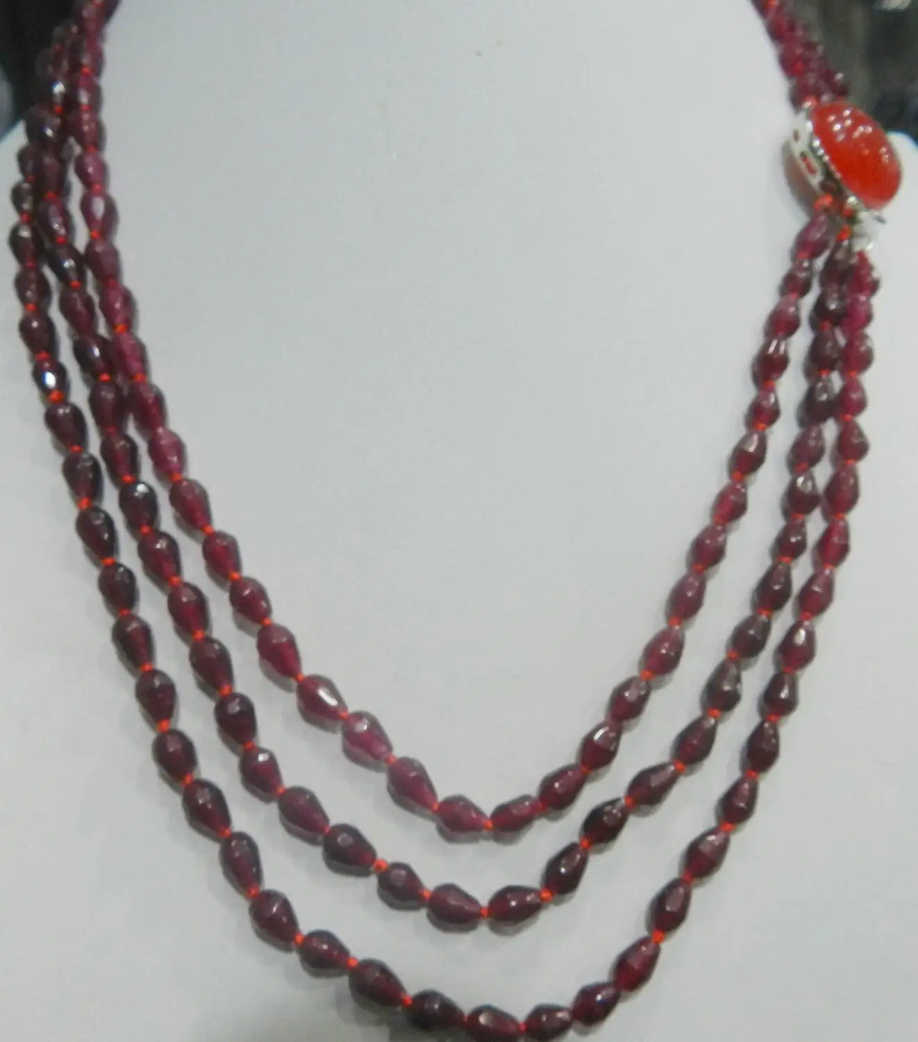 

New 3 rows of droplets faceted garnet ruby buttons & hand-woven necklace AAAAA1