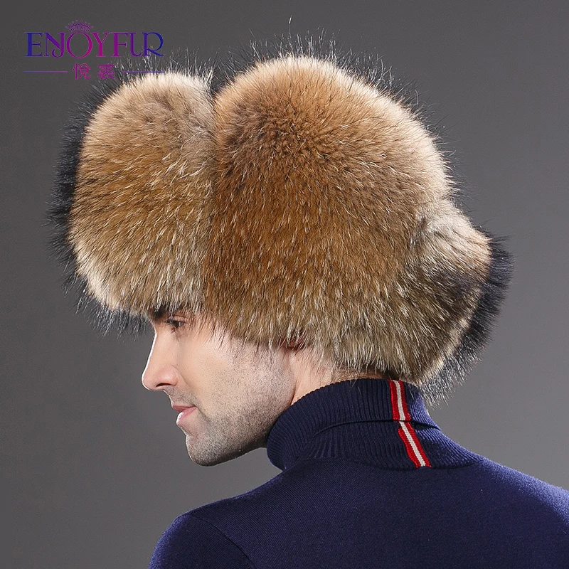 Зима реальный лисий мех шляпа для мужчин подлинной кожа крышка естественно енот меховая шапка для мужчин защитите ухо теплым достаточно