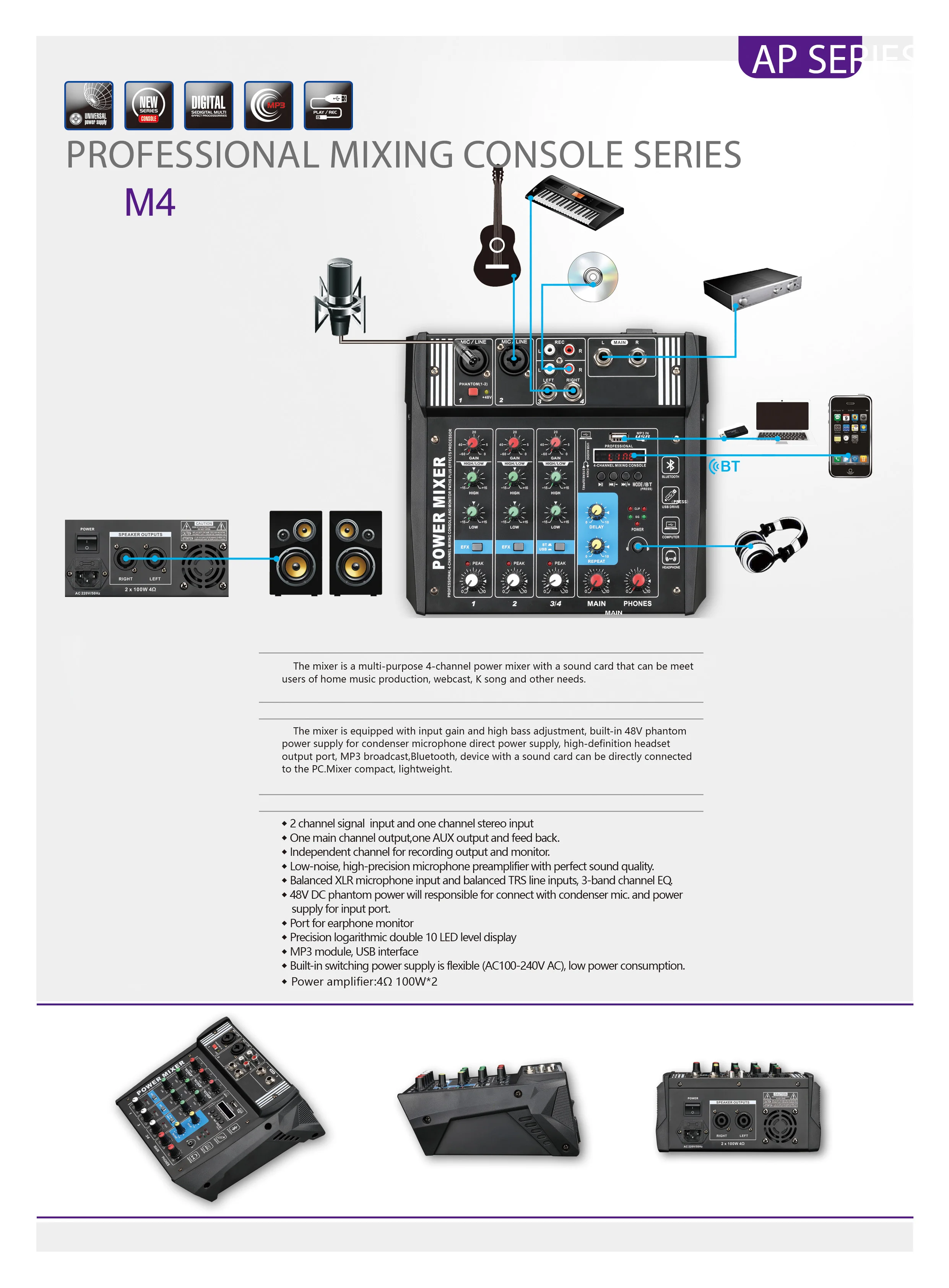 2019 Mini 4 Channel Music Console Power Mixer with USB Bluetooth