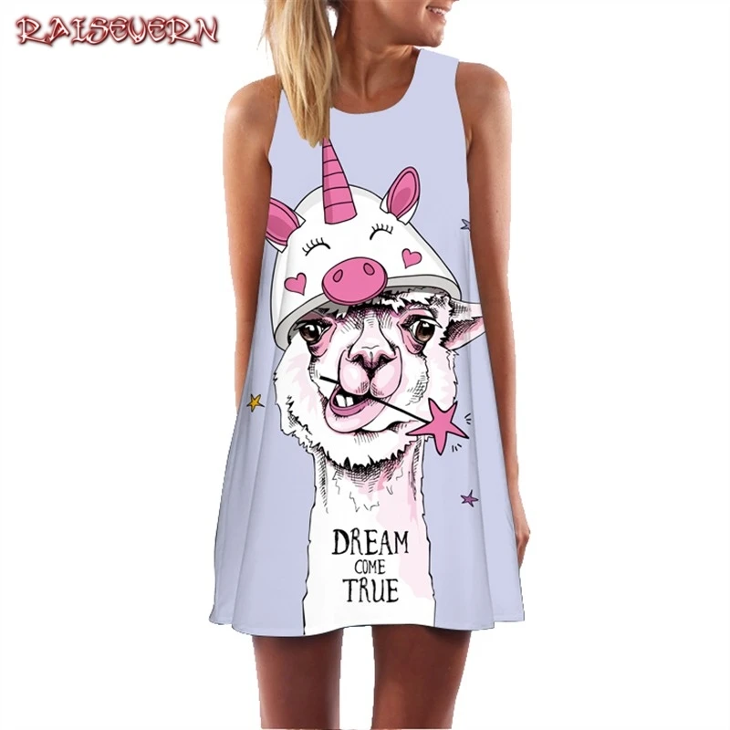 

Alpaca Unicorn 2019 Dress Women Sexy Tunic Sleeveless A Line Short Summer Beach Dress Robe Femme Casual 3D Printed Vintage Dress