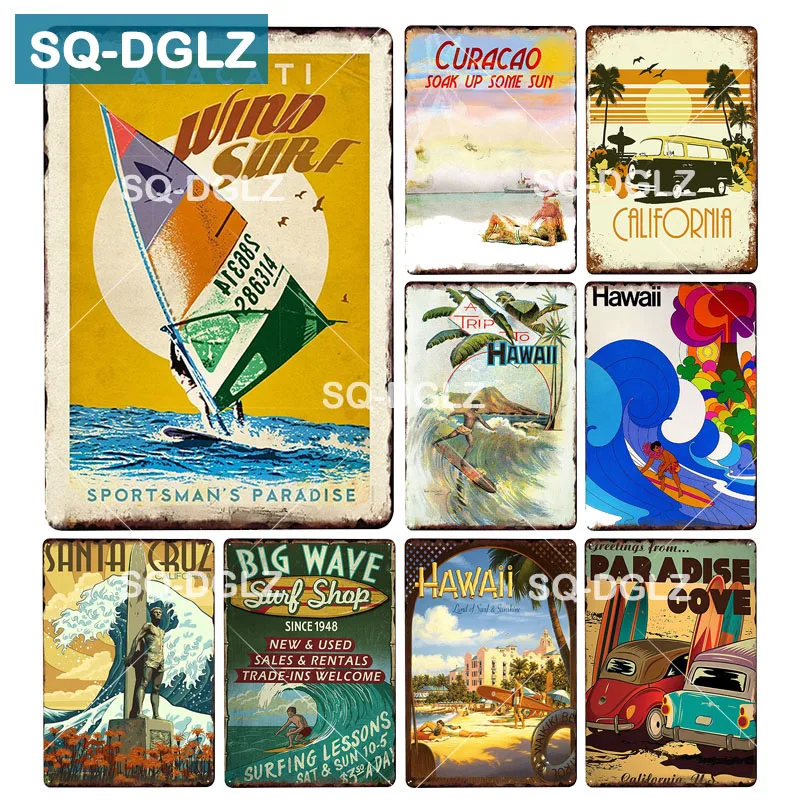 

[SQ-DGLZ] California Metal Tin Sign BIG WAVE Surf Shop Plaque PaintHawaii Wall Decor Beach Painting Plaques