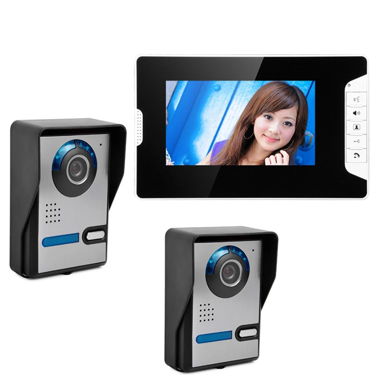 

Free Shipping 7" Color LCD Video Doorbell Monitor Door Phone Intercom System +2 Outdoor Waterproof Door Camera +1 White Monitor