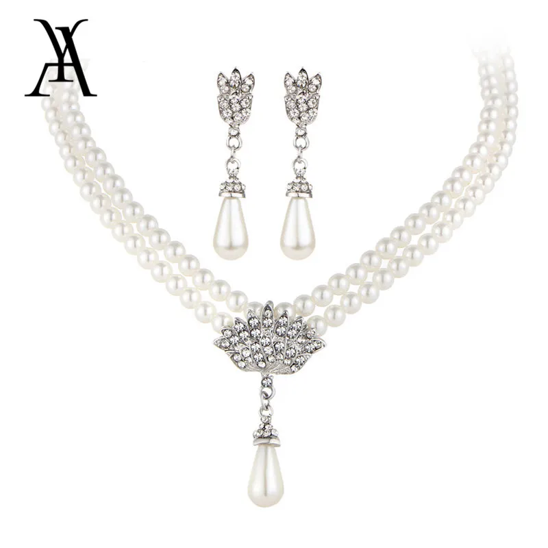 

AY Fashion Design Simulated Pearls Crystal Jewelry Set Water Drop Necklace Attractive Dangle Earrings for Women Wedding Gift
