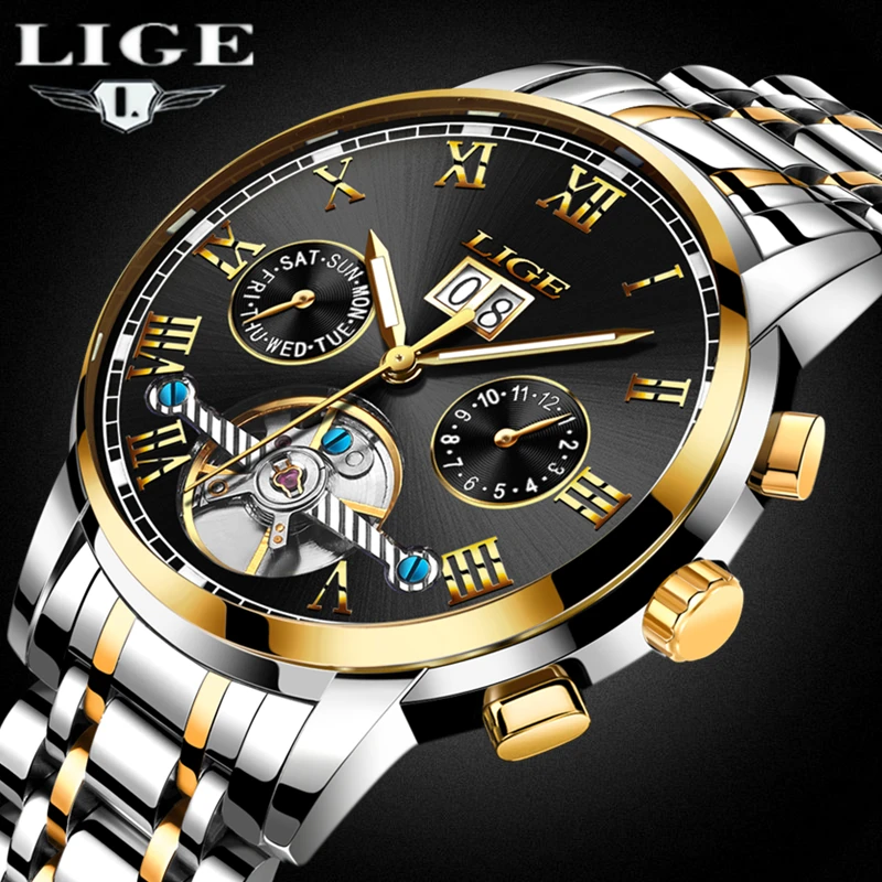 

New Luxury Brand LIGE Automatic Mechanical Watch Men Fashion Gold Full Steel Sport Waterproof Business Watches Relogio Masculino