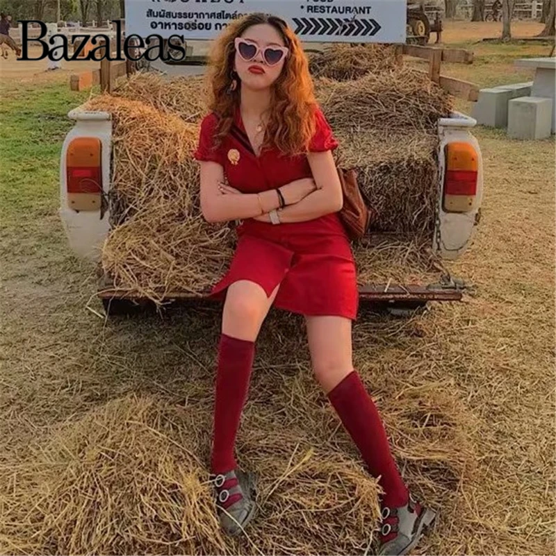 

Bazaleas Streetwear Sailor Collar Women Dress Vintage Red Slim women Dresses Fashion Buttons vestidos Casual drop shipping