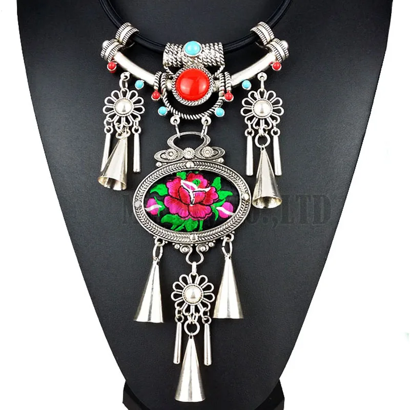 Bohemian Ethnic Embroidery Embroidered Big Flower Charm Choker Statement Necklace Indian Jewelry Jewellery For Women