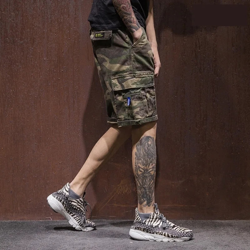 

2018 Japanese washed old overalls summer camouflage loose youth shorts