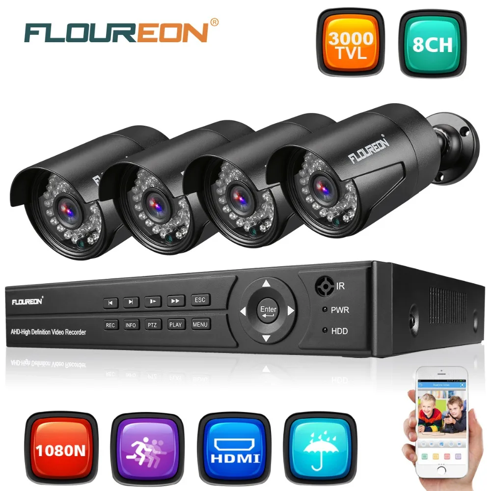FLOUREON CCTV система видеонаблюдения 8CH 5in1 1080N AHD DVR 4 шт. открытый 3000TVL 1080P 2.0MP камера