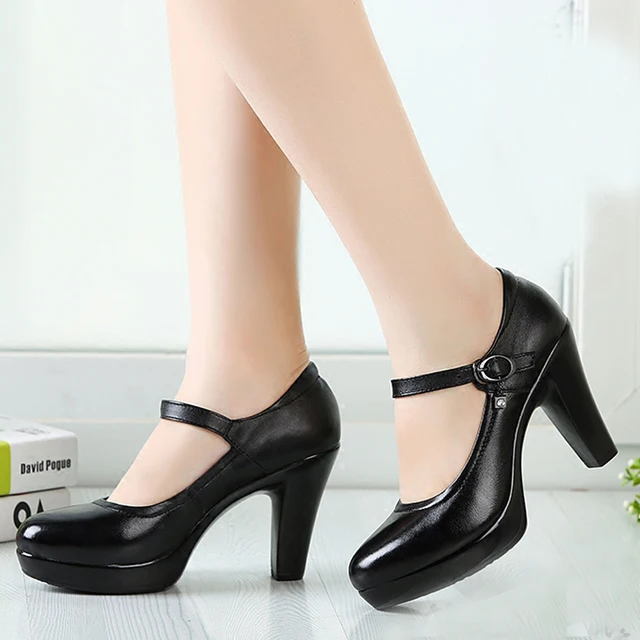 Mary Jane Platform Pumps Genuine Leather Women Super High Heels Court