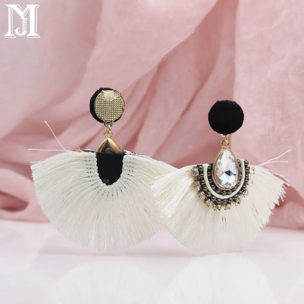 JiaMu retro bohemian zara white drops of cubic zirconia pendant tassel earrings for wowen's travel party wedding jewelry earring