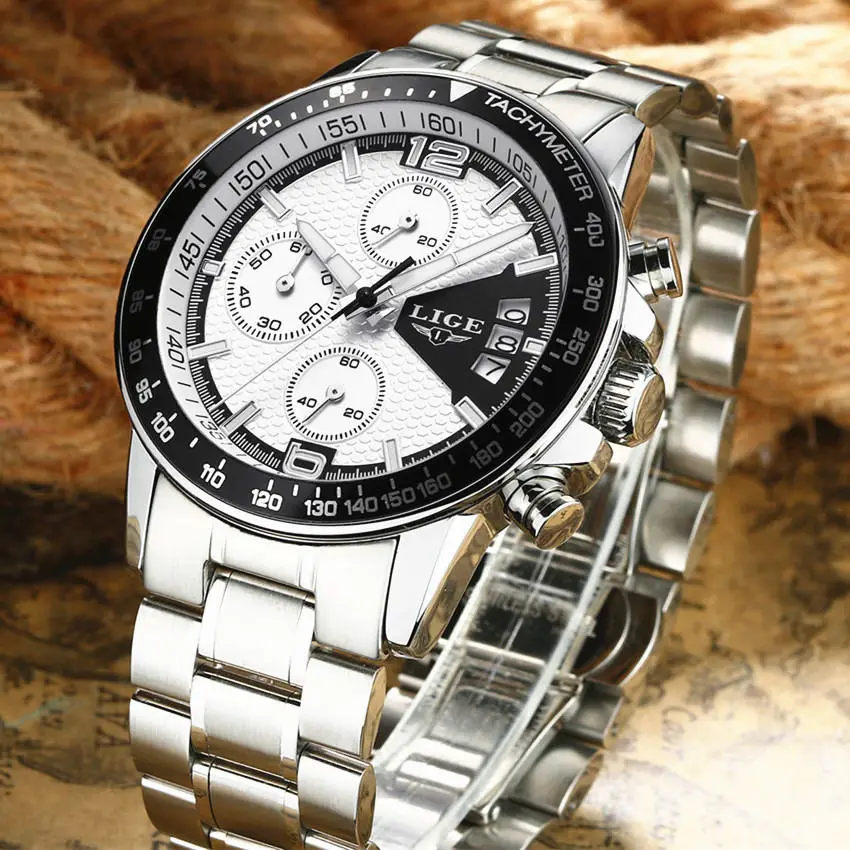 LIGE брендовые новые мужские часы Бизнес Кварцевые часы мужские настоящие с тремя циферблатами светящиеся водонепроницаемые 30 м уличные спортивные стальные часы - Цвет: steel white