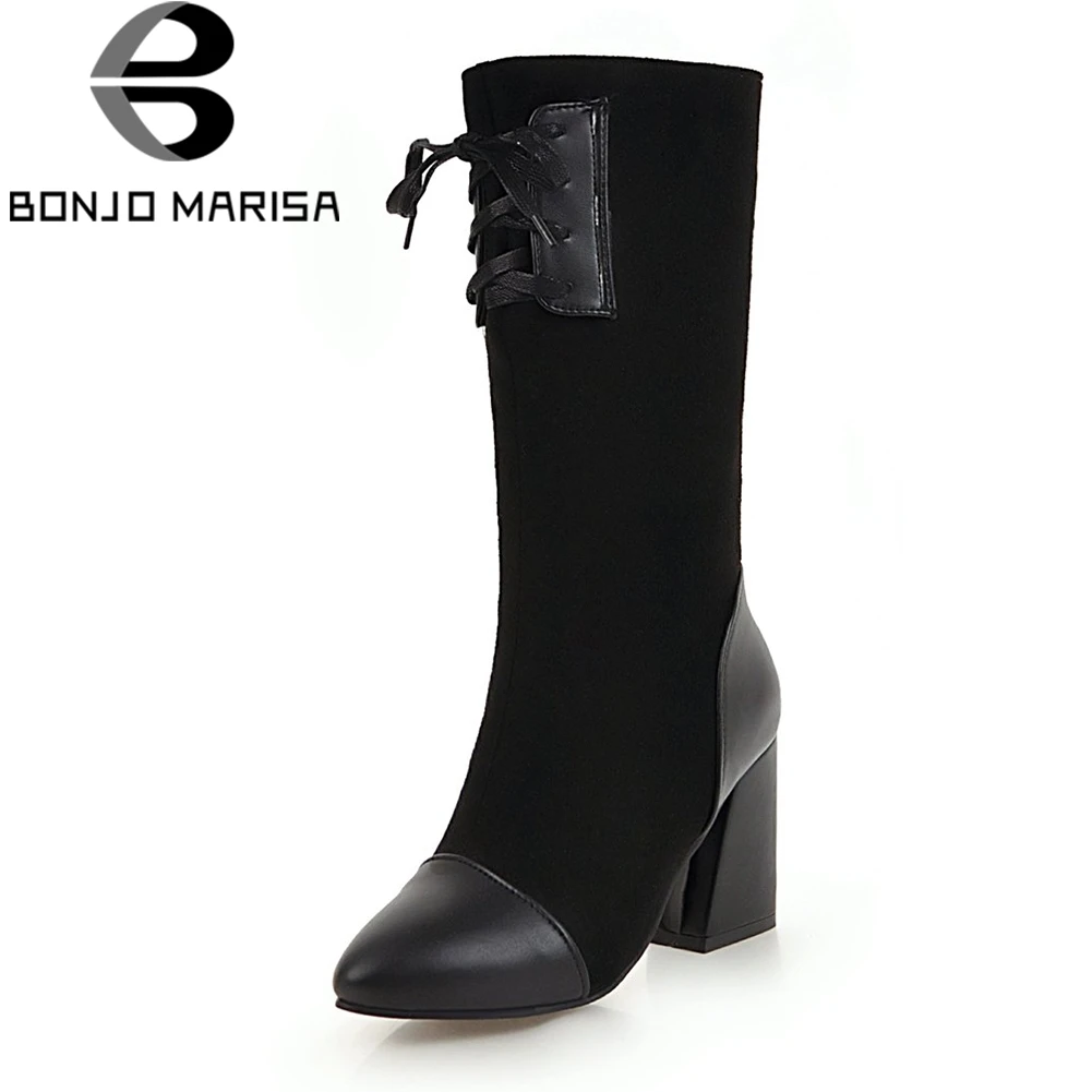 

BONJOMARISA Large Size 32-43 Mature Fashion Patchwork mid-calf Boots Women Autumn 2018 High Heels Shoes Woman Black