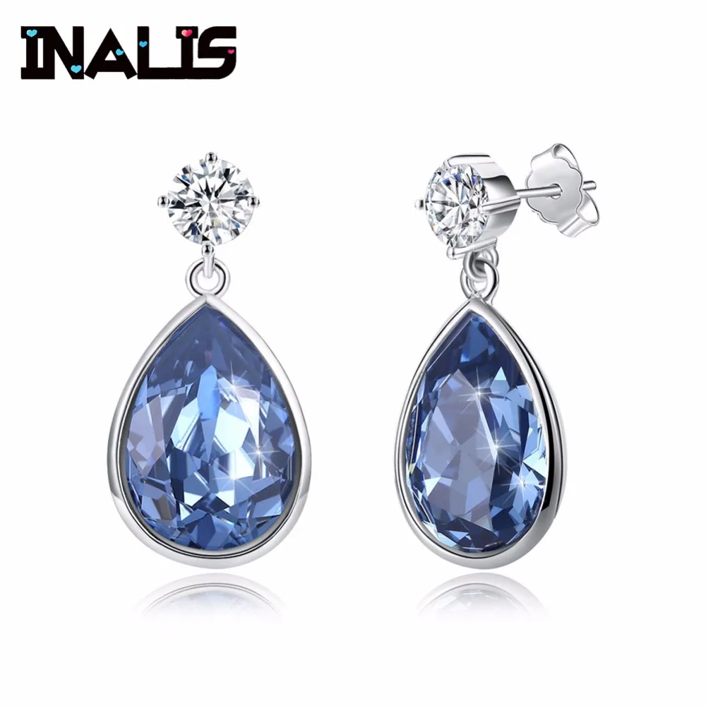 

INALIS Luxurious Drop Earrings 925 Sterling SilverWaterdrop Blue Natural Austria Crystal Pendant with Round Clear CZ Brincos