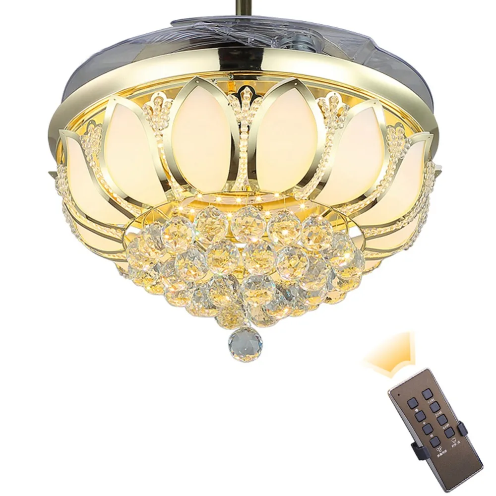 Роскошный складной потолочный вентилятор столовая хромированная Золотая хрустальная лампа с вентилятором с пультом дистанционного управления