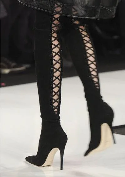 Elegant Black Suede Thigh High Boots Pointed Toe Back Lace up Over The ...