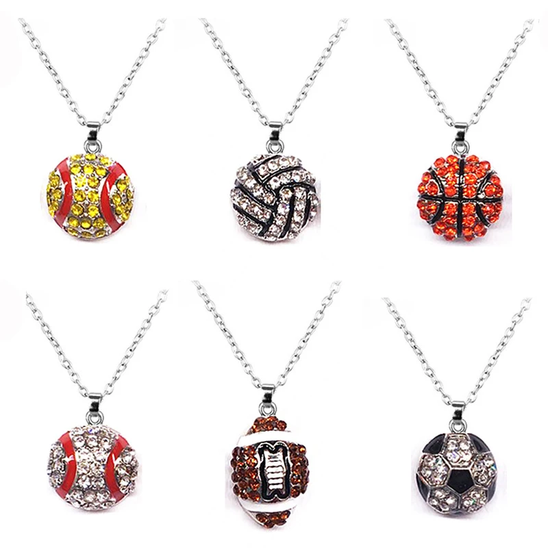 

Wholesale 6 PCS Lot Pave Crystal Baseball Softball Team Sports Pendant Necklace Football Jewelry Rugby American Football