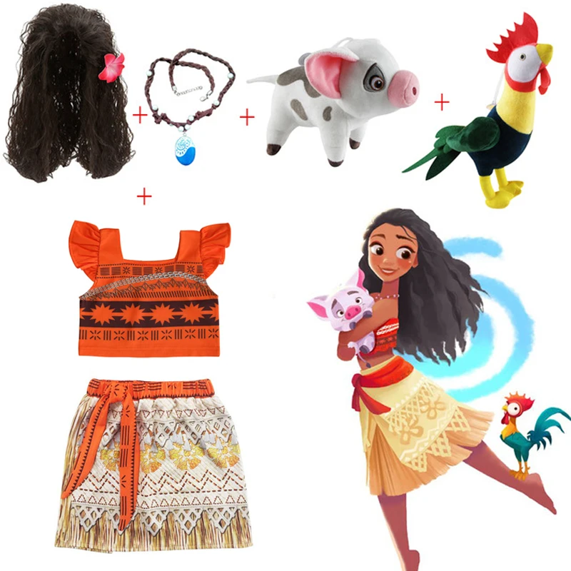 

Moana Girl Dress with Necklace Pig chick Kids Adventure Outfit Children Princess Party Cosplay Costume Vaiana swimsuit Bikini