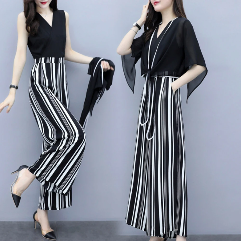 

Spring and Summer new style Chiffon wide-leg pants two-piece suit Fashion and temperament jumpsuit + top