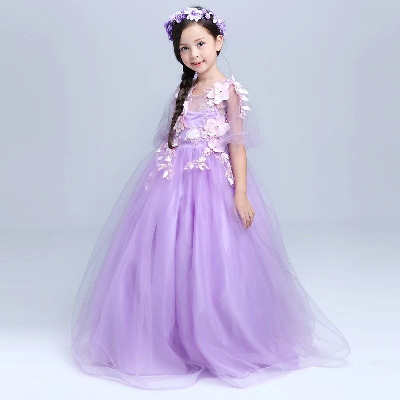 

2-10Y luxury purple princess dress floor-length appliques girls pageant dress for birthday party costume flowers girl dresses