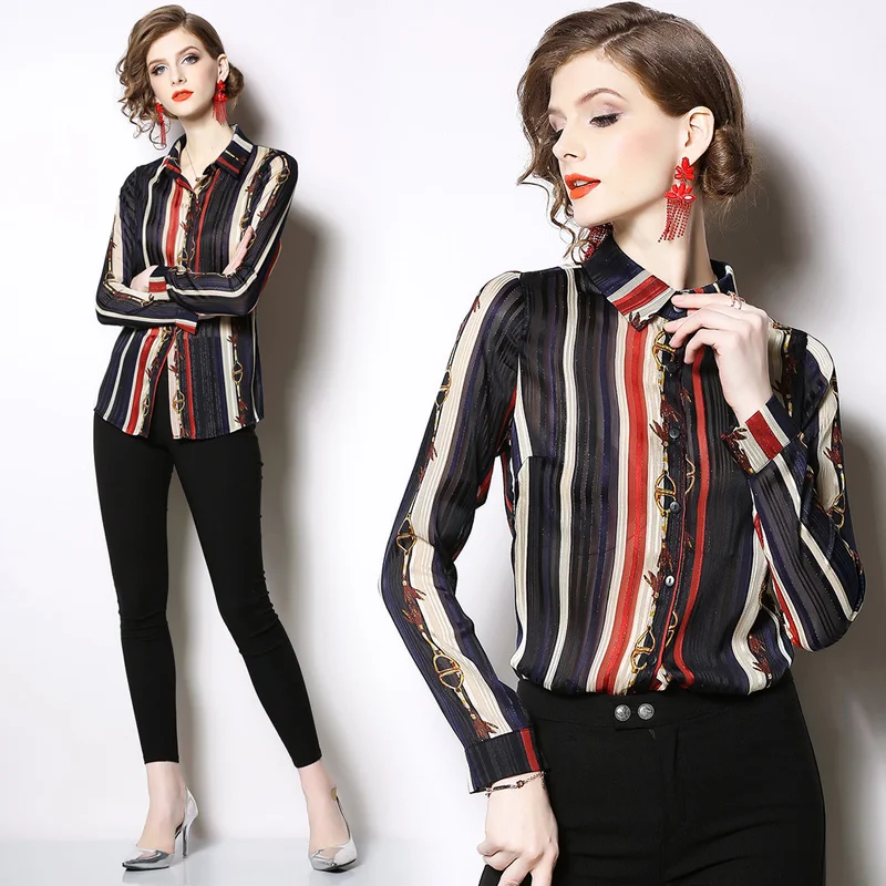 

2019 Early Spring Fashion Gold Line Striped Printed Shirt Wild Thin Color Color Collar Collar Shirt Tide