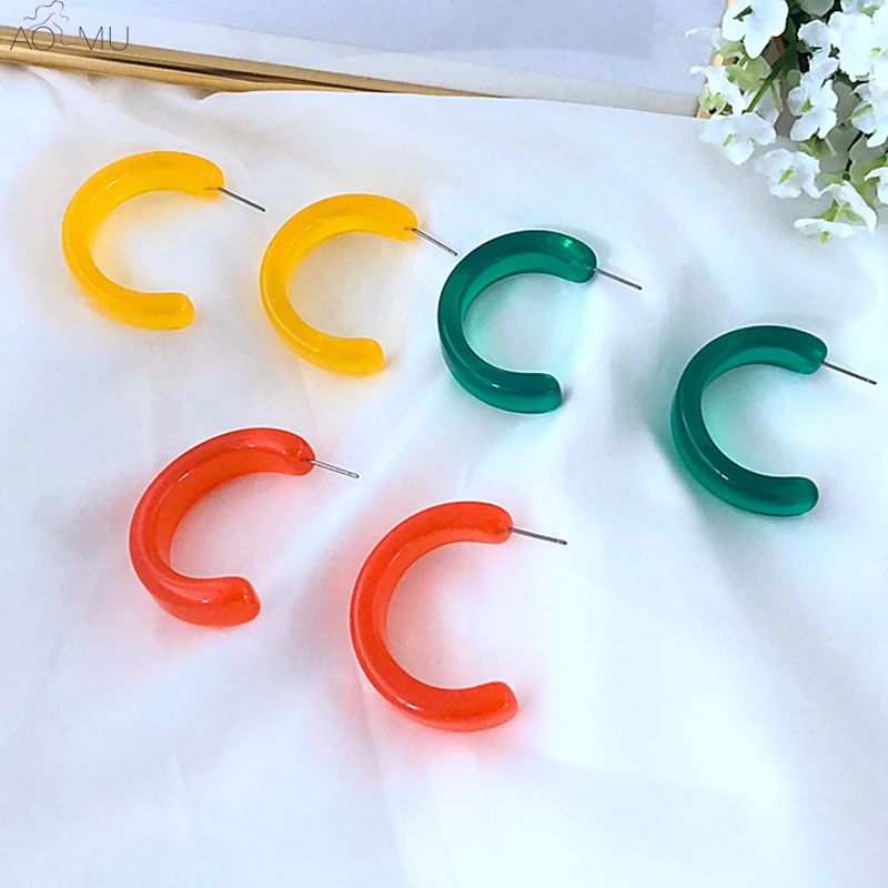 

AOMU 2018 New Fashion Geometric Semicircle Resin Candy Colors Cute Hoop Earrings for Women Girl Ear Jewelry Brincos
