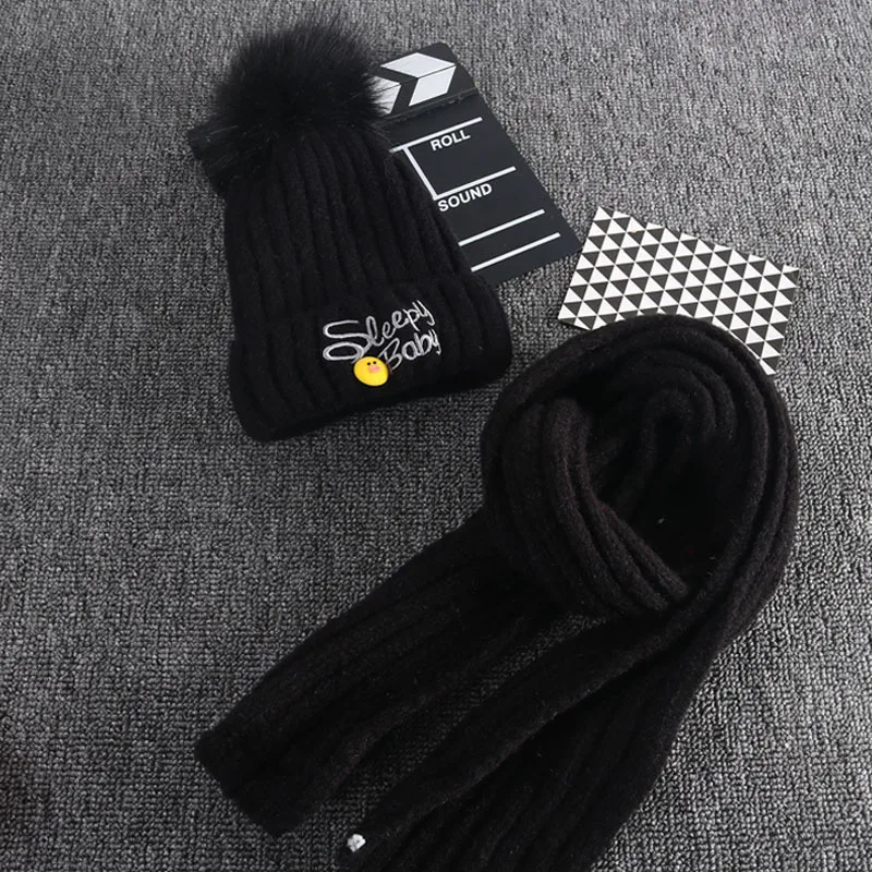 Детская Зимняя шерстяная шапка и шарф, комплекты из натурального меха лисы, шапка с помпонами, детская теплая вязаная шапка, шапки бини, шапки для девочек и мальчиков - Цвет: Black