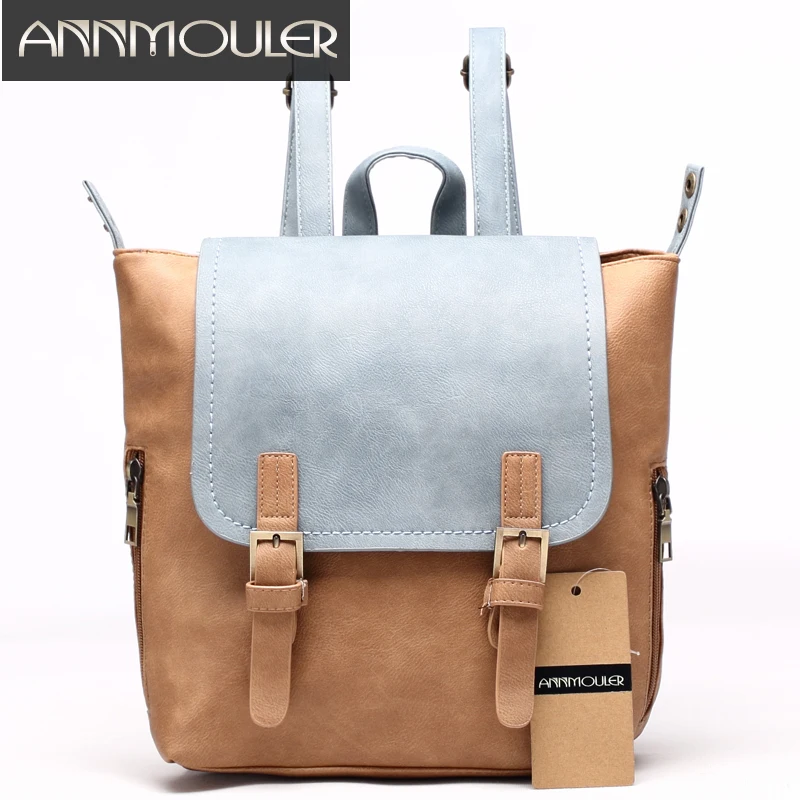 

Annmouler New Fashion Women Backpack High Quality School Bags Pu Leather Patchwork Backpacks Large Capacity Casual Daypack