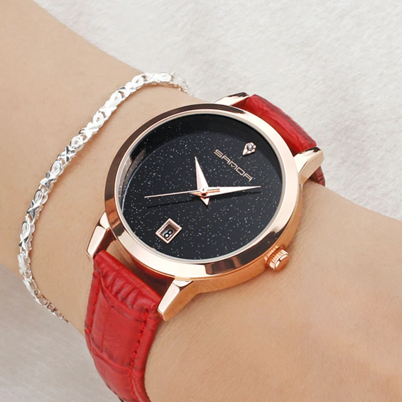 2018 SANDA Fashion Star Dial Women Watches Luxury Golden Leather Ladies Watch Women Dress Clock Calendar relogio feminino P194