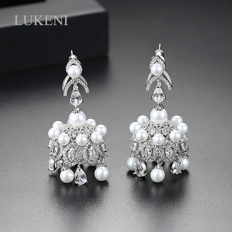 

LUKENI New Design Vintage Trendy White Color Cubic Zircon Wind Bell Shape Pearl Earrings For Women Bridal Wedding Jewelry