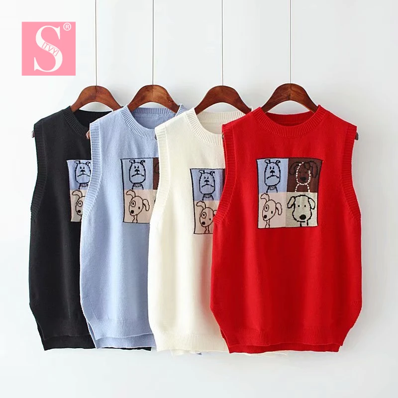 

STVY 2019 New Arrival Spring Autumn Women Knitting Vest Cute Dog Pattern O Neck Sleeveless Loose Vests Sweaters 4 Colors