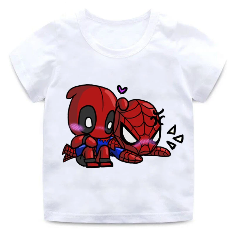 Забавная детская футболка с супергероем дэдпулом, человеком-пауком; летние топы; футболка для маленьких мальчиков и девочек; детская одежда; ooo2407