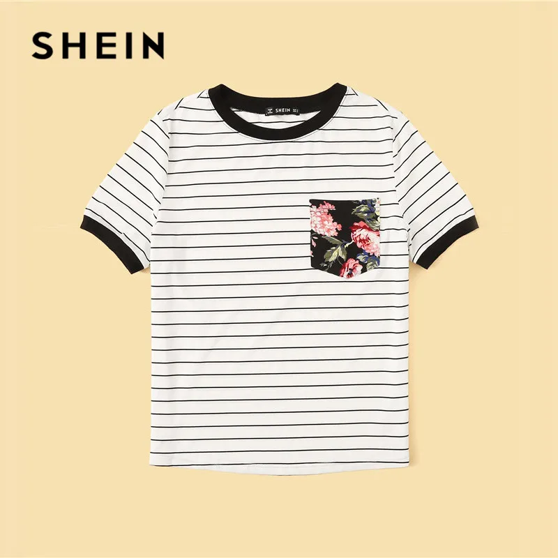 SHEIN модная футболка в полоску с цветочным принтом и карманами, женская одежда, Повседневная Эластичная летняя рубашка с круглым вырезом, женские топы
