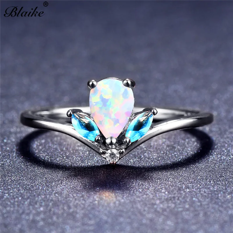 Blaike Charming Water Drop Purple/White/Blue Fire Opal Rings for Women 925 Sterling Silver Filled Birthstone Crystal Zircon Ring